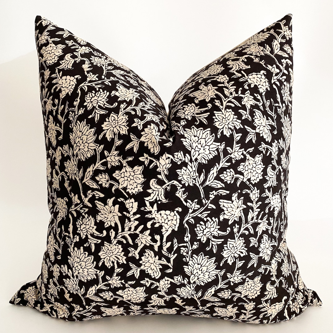 Black Floral Block Print Pillow Cover Floral Pillow Cover Etsy
