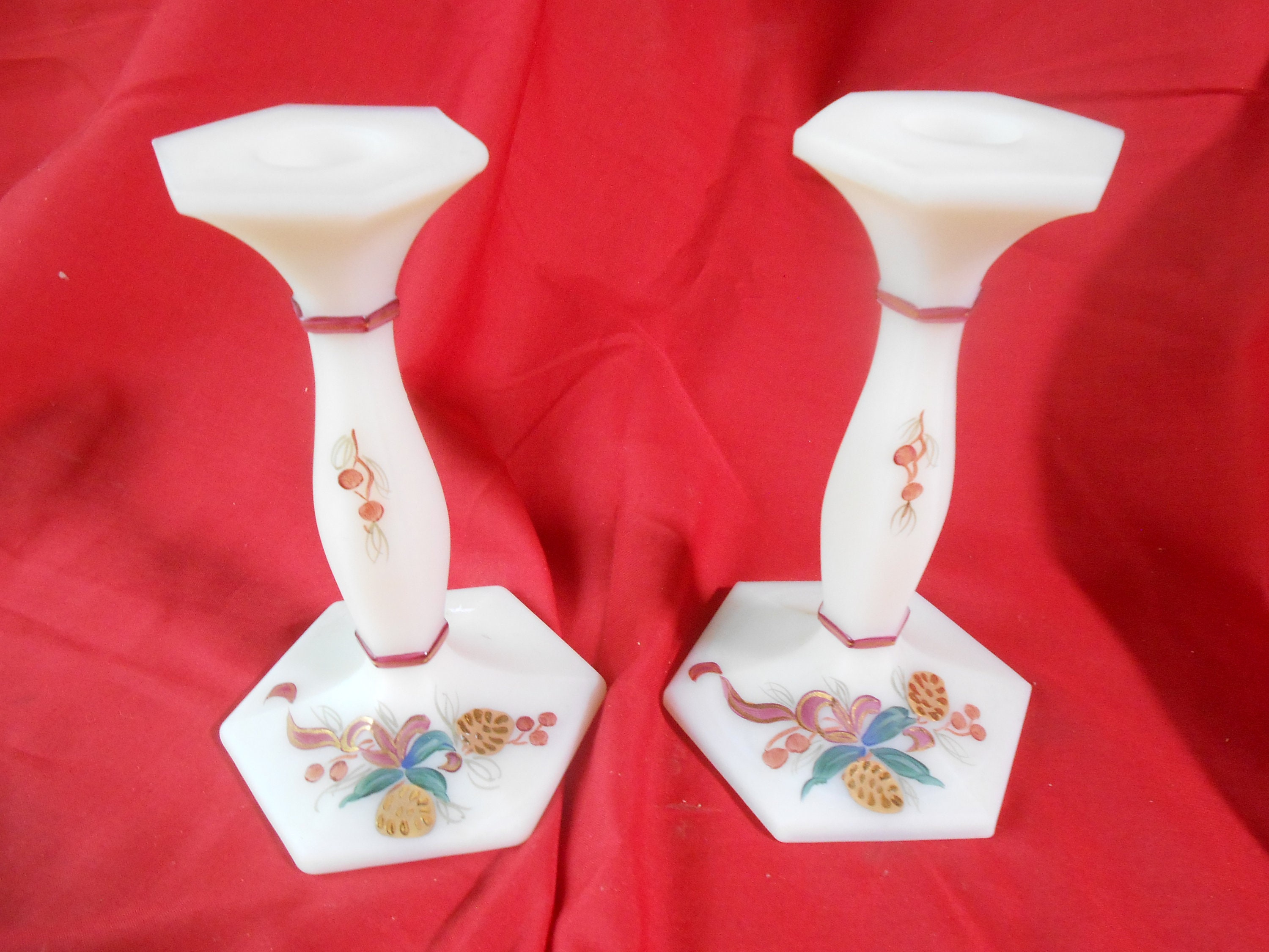 FENTON Custard Pair Candle Holders Handpainted and Signed Etsy