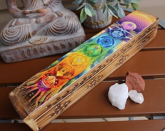 Incense Holder LIMITED! 7 Chakra Wooden Incense Box for Cones and Sticks with Storage 12"