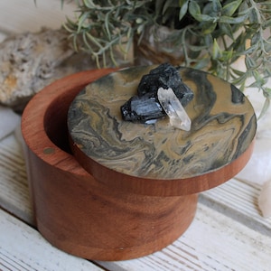 Stash Box, Jewelry Box, Keepsake Box, Hand Painted Box Crystals Black Tourmaline, Clear Quartz 4&quot; x 4 x 3&quot;
