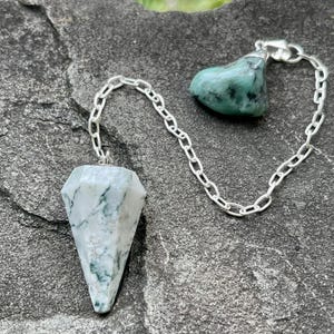 Luxury Tree Agate Pendulum with Raw Emerald Handle | Sterling Silver Chain | Crystal Divination Tool | Meditation & Spiritual Gift |