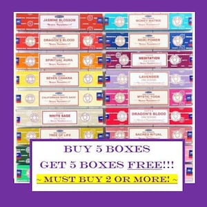 May include: A collection of incense boxes in various colors, each labeled with names like "Jasmine Blossom" and "Dragon's Blood." The image includes text that reads "BUY 5 BOXES GET 5 BOXES FREE!!! ~ MUST BUY 2 OR MORE!"