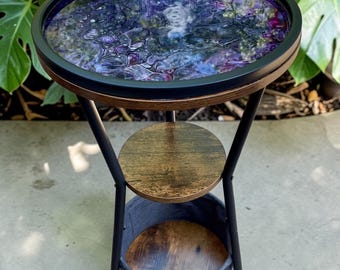 Crushed Merlot Resin Art Accent Table – 26” Tall Handmade Side Table with Shelf & Storage – Acrylic Pour Furniture –Functional Art Statement