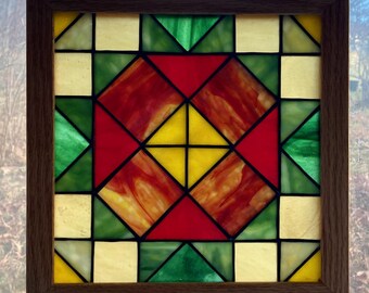 Bridal Bouquet Stained Glass Quilt Square Traditional Design Window Hanging with Handmade Oak Frame