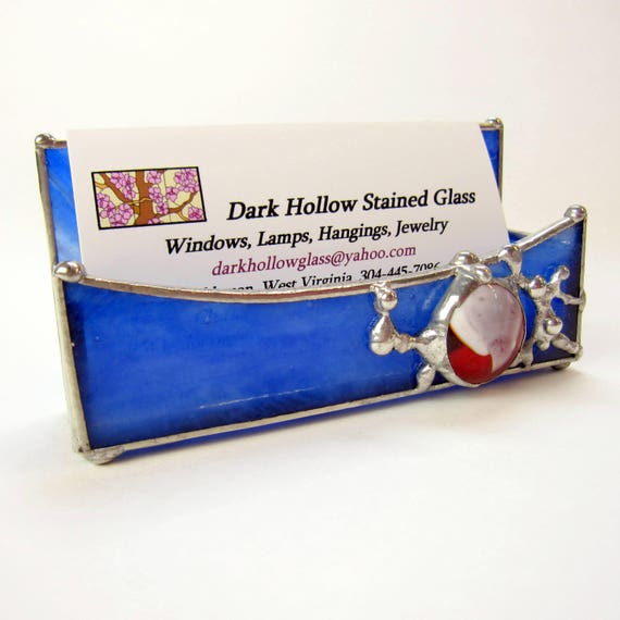 Blue Stained Glass Business Card Holder With Red And White Etsy