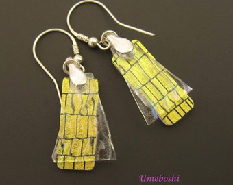 Golden Mysteries Handmade Dichroic Glass Layered Earrings Iridescent Sparkling Glass w Gold Patterns