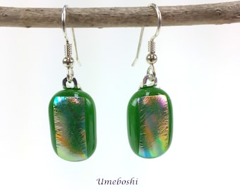 Copper Textured Iridescent Handmade Fused Dichroic Glass Dangle, Drop Earrings