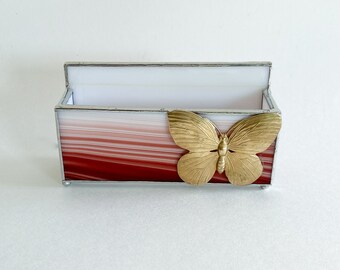 Burgundy Baroque Stained Glass Business Card Holder for Desk Display