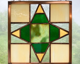 Compass 6.5" Handmade Stained Glass Appalachian Quilt Square, Window Hanging
