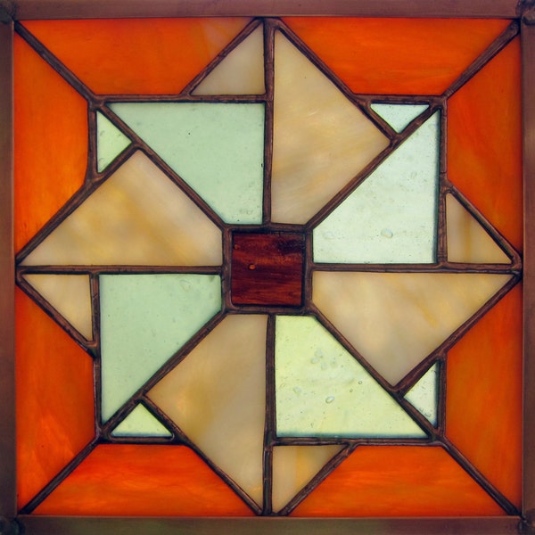 Stained Glass Rich Orange Double Pinwheel Appalachian Quilt 6" Square with Copper Frame Handmade Glass