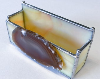 Honey Agate Stained Glass Business Card Holder Sunset Yellows Glass for Desk Display
