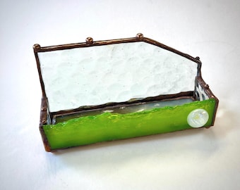 Spring Green Stained Glass Business Card Holder with Dichroic Glass Bead, Desk Organizer Display
