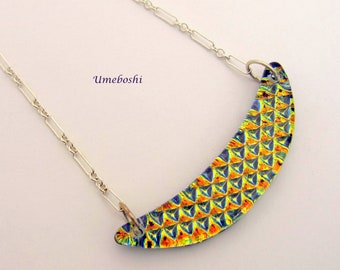Sparkling Patterned Crescent Dichroic Glass Necklace w Silver Chain