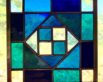 6.5" Handmade Stained Glass Appalachian Quilt Square Whirlpool Pattern w Blenko Glass