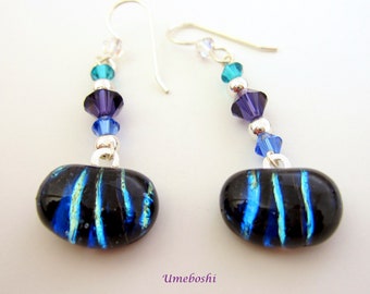 Long Dangling Dichroic Glass Cabochon Earrings With Swarovski Crystals Sterling Silver