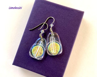 Icy Sunshine Handmade Dichroic Glass Dangle Earrings w Iridescent Sparkling Glass