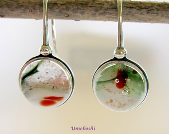 Red Rose Garden Fused Glass Cabochon Jewelry Earrings Sterling Silver