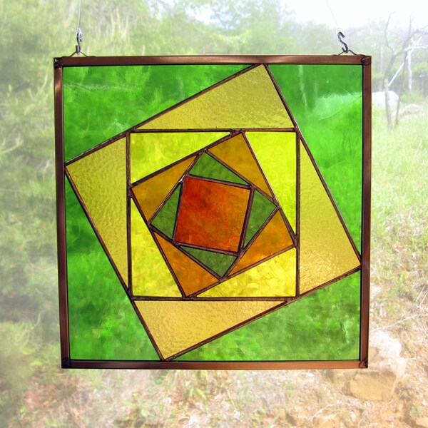 Twisting Boxes 10" Handmade Stained Glass Quilt Square Traditional Appalachian Crafts Pattern by Dark Hollow Stained Glass