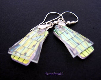Golden Mysteries Handmade Dichroic Glass Layered Earrings Iridescent Sparkling Glass w Gold Patterns