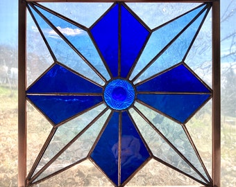 Japanese Star Stained Glass Quilt Square: Blenko Glass & German Jewel