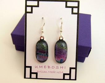 Spring Hyacinth Dichroic Glass Dangle Drop Earrings in Soft Colors