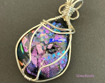 Argentium Sterling Silver Wire Wrapped - Splendid Treasure Dichroic Glass Cabochon Handmade Jewelry One-of-a-kind