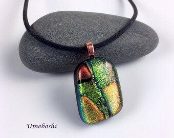 Sparking Patchwork Gold, Orange and Green Dichroic Glass Cabochon Pendant