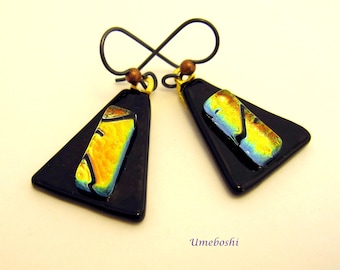 Evening Fire Handmade Dichroic Fused Glass Triangular Dangle Earrings