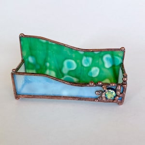 Stained Glass Business Card Holder: Mottled Green with Dichroic Cabochon