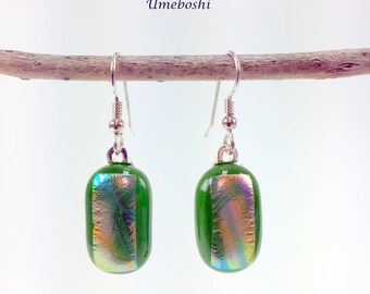Kelly Green Rainbow Iridescent Handmade Fused Dichroic Glass Dangle, Drop Earrings