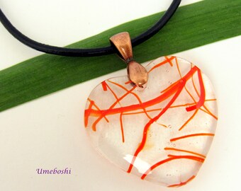Fused Glass Handmade Heart Pendant with Red Streamers, Clear Glass, Copper Bail