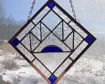 Handmade Stained Glass Bear Paw Quilt Panel: Winter Colors, 6.5" Window Hanging