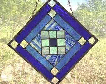 Stained Glass Quilt Square: Amish Patch, Blue Window Hanging