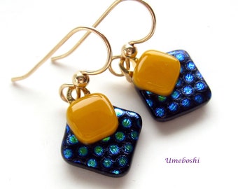 ON SALE! Sunny Side Up Polka Dotted Dichroic Glass Fun Handmade Dangle Earrings by Umeboshi Jewelry Designs