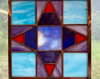 Compass 6.5" Handmade Stained Glass Appalachian Quilt Square, Window Hanging