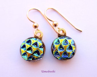 Teal Handmade Textured Dichroic Glass Cabochon Dangle Earrings