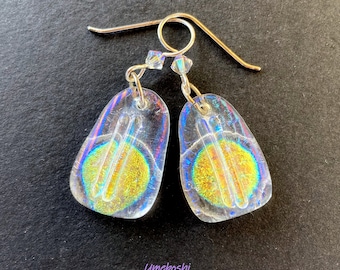Icy Sunshine Handmade Dichroic Glass Dangle Earrings w Iridescent Sparkling Glass
