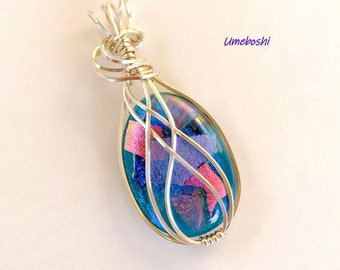 Coral Reef Argentium Sterling Silver Wire Wrapped Dichroic Pendant