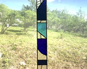 Blue Stained Glass Light Bar: Handmade Window Hanging, Brass Frame