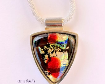 Dichroic Glass Shield Pendant, Silver Plated Necklace, Handmade On Sale