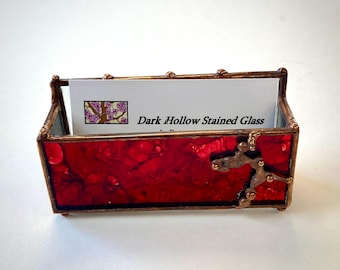Red Mirror Stained Glass Business Card Holder Desk Organizer Accessory with Solder Overlay