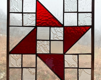 Handmade Stained Glass Quilt Square Hanging Panel, Appalachian Traditional Folk Art Pinwheel Pattern