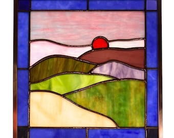 Stained Glass Window Panel: Morning Mountain Landscape, 9.5" Handmade