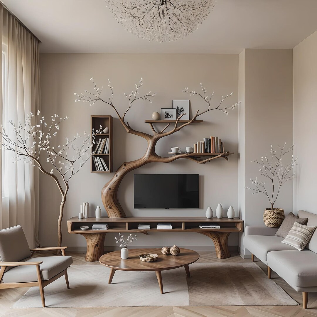 Organic Console Tree Design Organic Tree Design TV Console – Rustic Wall Mounted Shelf - Etsy