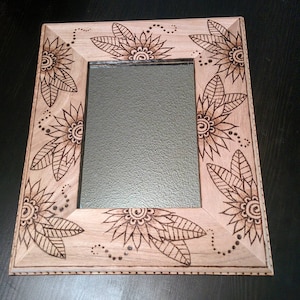 Hand Burned wooden mirror/picture frame, flowers, leaves, dots, swirls, pyrography, drawn, made to order, henna design, bohemian, hippie