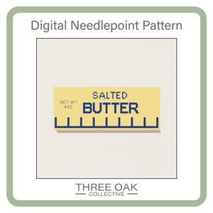 Puede incluir: Patrón de punto de cruz digital con un diseño de etiqueta de mantequilla. La etiqueta dice "SALTED BUTTER" en azul marino sobre un fondo amarillo, con "NET WT 4 OZ" en la esquina. El diseño está sobre un fondo de cuadrícula beige claro.