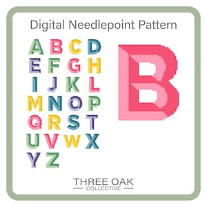 Könnte beinhalten: Ein digitales Kreuzstichmuster mit dem Alphabet in verschiedenen Farben. Die Buchstaben sind in Zeilen und Spalten angeordnet, mit einem großen rosa Buchstaben "B" auf der rechten Seite. Der Text "Digital Needlepoint Pattern" und "THREE OAK COLLECTIVE" sind ebenfalls vorhanden.
