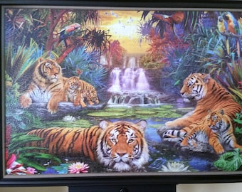 Professionally Framed Completed 3000 piece Ravensburger Tigers at the Waterhole Puzzle Wall Art & Decor