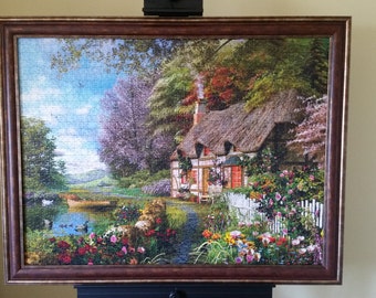 Professionally Framed 1500pc Completed Ravensburger Country Cottage Puzzle Wall Art.