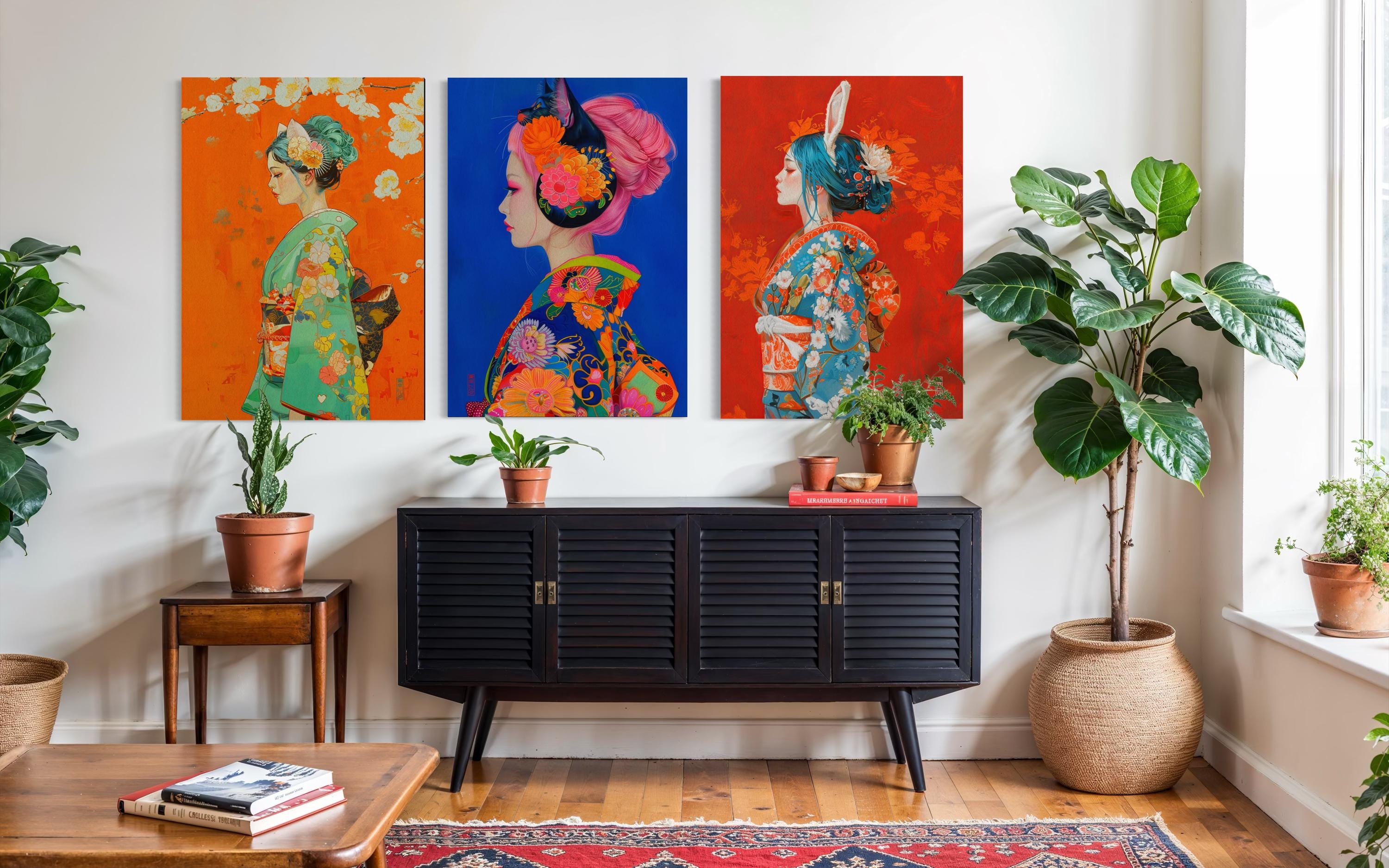 Japanese Geisha Wall Art Set Floral Kimono Japandi Gallery Prints ...
